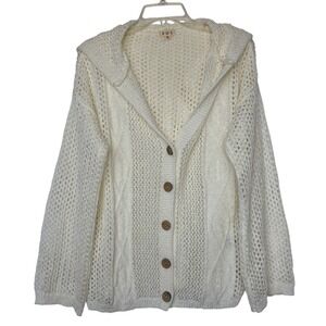 POL Ivory Crochet Sheer Open Knit Hooded Cardigan Sweater S Boho Bell Sleeve